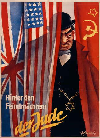 Bilden visar Storbritanniens, USA:s och Sovjetunionens flaggor. Bakom flaggorna syns en judisk man, avbildad i enlighet med den antisemitiska karikatyrens kännetecken.